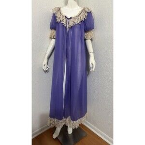 Vintage 60s Rovel Peignoir Nightgown Tanzanite Purple 2 Ply Nylon Ecru Lace Trim